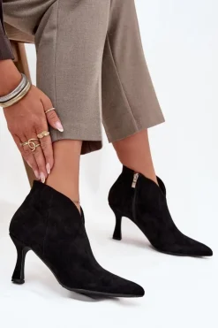 Damskie Boto Niskie Botki Damskie Na Szpilce Eko Zamszowe Czarne Jolivra