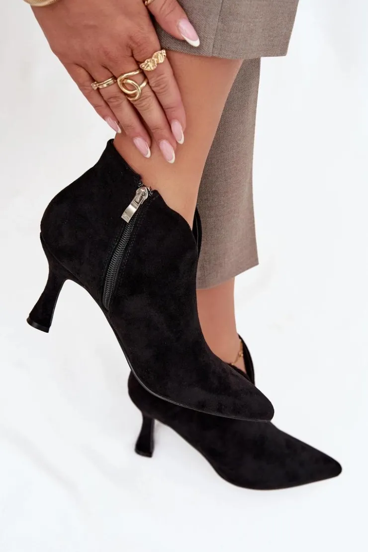 Damskie Boto Niskie Botki Damskie Na Szpilce Eko Zamszowe Czarne Jolivra