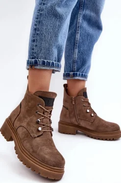 Buty Sergio Leone Botki Sznurowane|Botki Zimowe Damskie*Niskie Botki Damskie Ocieplane Na Suwak Ciemnobeżowe Cameronia