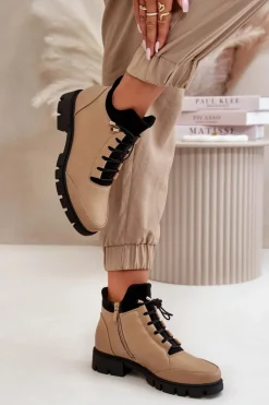 Sale Boto Niskie Botki Damskie Ocieplane Z Eko Skóry Beżowe Erisabelle Beżowy