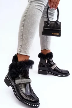 Damskie buty S.Barski Botki Ocieplane|Czarne Botki*Niskie Botki Lakierowane Z Futerkiem I Ozdobą S.Barski MR870-74 Czarne