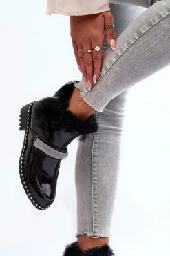 Damskie buty S.Barski Botki Ocieplane|Czarne Botki*Niskie Botki Lakierowane Z Futerkiem I Ozdobą S.Barski MR870-74 Czarne