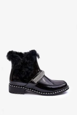 Damskie buty S.Barski Botki Ocieplane|Czarne Botki*Niskie Botki Lakierowane Z Futerkiem I Ozdobą S.Barski MR870-74 Czarne