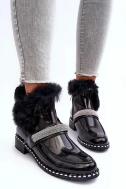 Damskie buty S.Barski Botki Ocieplane|Czarne Botki*Niskie Botki Lakierowane Z Futerkiem I Ozdobą S.Barski MR870-74 Czarne