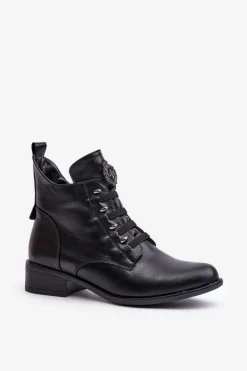 Damskie Boto Niskie Botki Ocieplane Na Zamek Z Ozdobą Czarne Nevalia