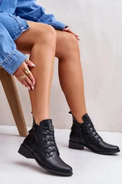 Damskie Boto Niskie Botki Ocieplane Na Zamek Z Ozdobą Czarne Nevalia