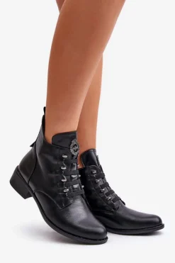 Damskie Boto Niskie Botki Ocieplane Na Zamek Z Ozdobą Czarne Nevalia