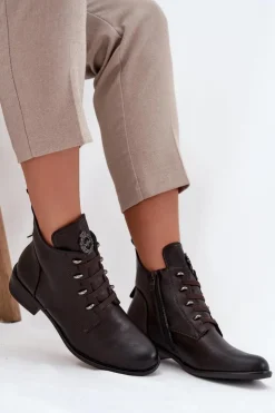 Boto Botki Ocieplane|Botki Zimowe Damskie*Niskie Botki Ocieplane Na Zamek Z Ozdobą Brązowe Nevalia Brązowy