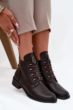 Boto Botki Ocieplane|Botki Zimowe Damskie*Niskie Botki Ocieplane Na Zamek Z Ozdobą Brązowe Nevalia Brązowy