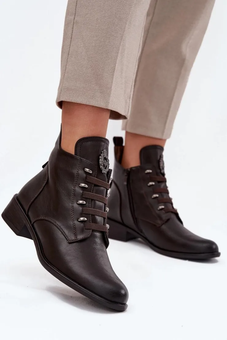 Boto Botki Ocieplane|Botki Zimowe Damskie*Niskie Botki Ocieplane Na Zamek Z Ozdobą Brązowe Nevalia Brązowy