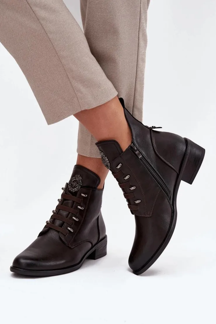 Boto Botki Ocieplane|Botki Zimowe Damskie*Niskie Botki Ocieplane Na Zamek Z Ozdobą Brązowe Nevalia Brązowy