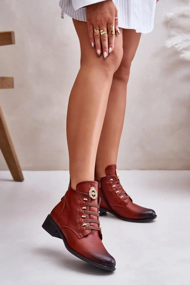 Boto Czarne Botki|Botki Zimowe Damskie*Niskie Botki Ocieplane Na Zamek Z Ozdobą Brązowe Nevalia