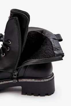 Damskie Boto Niskie Botki Workery Z Biżuteryjną Ozdobą Czarne Melenope