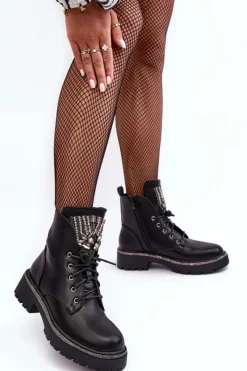 Damskie Boto Niskie Botki Workery Z Biżuteryjną Ozdobą Czarne Melenope