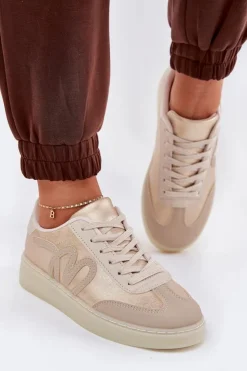 Boto Sneakersy Damskie*Niskie Buty Sportowe Damskie Z Eko Skóry Złoto-Beżowe Iladira Złoty