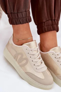 Boto Sneakersy Damskie*Niskie Buty Sportowe Damskie Z Eko Skóry Złoto-Beżowe Iladira Złoty