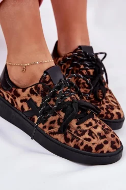 Clearance Boto Niskie Buty Sportowe Damskie W Panterkę Brązowe Zelevelis Brązowy