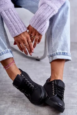 Discount Big Star Shoes Niskie Damskie Skórzane Trampki Big Star KK274006 Czarne Czarny