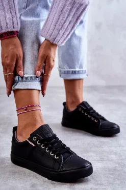 Discount Big Star Shoes Niskie Damskie Skórzane Trampki Big Star KK274006 Czarne Czarny