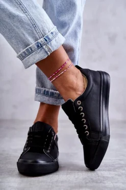 Discount Big Star Shoes Niskie Damskie Skórzane Trampki Big Star KK274006 Czarne Czarny