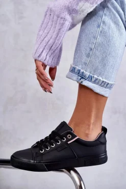 Discount Big Star Shoes Niskie Damskie Skórzane Trampki Big Star KK274006 Czarne Czarny