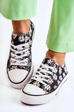 Boto Trampki Damskie Niskie*Niskie Damskie Trampki W Kwiaty Czarne Janey