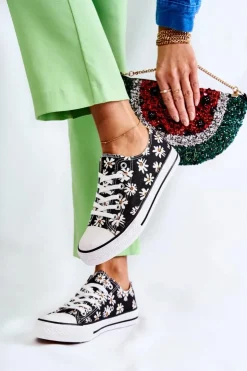 Boto Trampki Damskie Niskie*Niskie Damskie Trampki W Kwiaty Czarne Janey