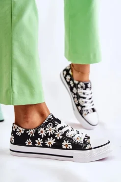 Boto Trampki Damskie Niskie*Niskie Damskie Trampki W Kwiaty Czarne Janey