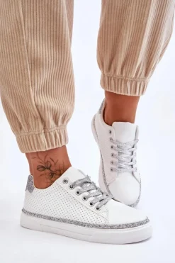 Boto Trampki Damskie Niskie*Niskie Damskie Trampki Z Perforacją Biało-Srebrne Daxton