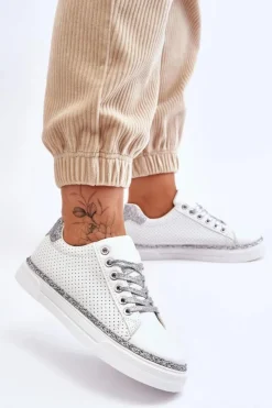 Boto Trampki Damskie Niskie*Niskie Damskie Trampki Z Perforacją Biało-Srebrne Daxton