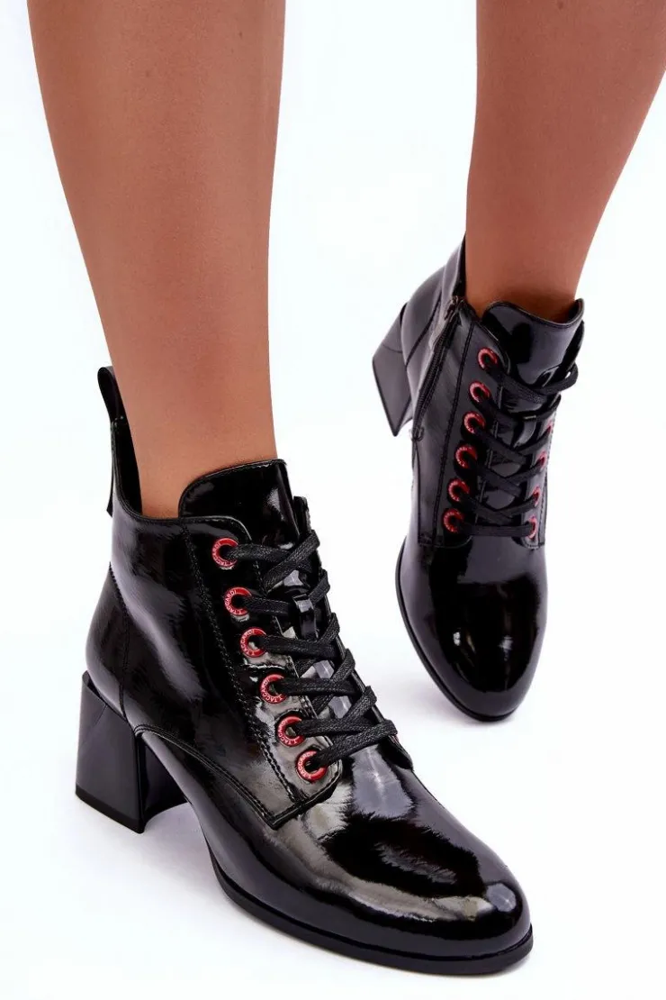 Online Damskie buty S.Barski Niskie Lakierowane Botki Sznurowane S.Barski MR870-66 Czarne