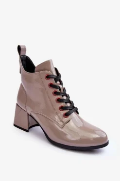 Damskie buty S.Barski Botki Sznurowane|Botki Na Słupku*Niskie Lakierowane Botki Sznurowane S.Barski MR870-66 Ciemnobeżowe