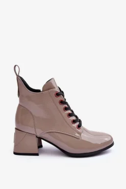 Damskie buty S.Barski Botki Sznurowane|Botki Na Słupku*Niskie Lakierowane Botki Sznurowane S.Barski MR870-66 Ciemnobeżowe