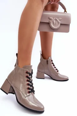 Damskie buty S.Barski Botki Sznurowane|Botki Na Słupku*Niskie Lakierowane Botki Sznurowane S.Barski MR870-66 Ciemnobeżowe