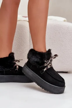 Boto Śniegowce Damskie*Niskie Śniegowce Damskie Na Platformie Z Futerkiem Czarne Neathren Czarny