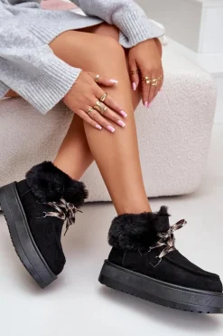 Boto Śniegowce Damskie*Niskie Śniegowce Damskie Na Platformie Z Futerkiem Czarne Neathren Czarny