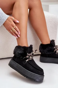 Boto Śniegowce Damskie*Niskie Śniegowce Damskie Na Platformie Z Futerkiem Czarne Neathren Czarny