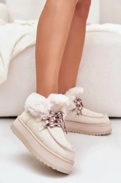 Damskie Boto Niskie Śniegowce Damskie Na Platformie Z Futerkiem Jasnobeżowe Neathren