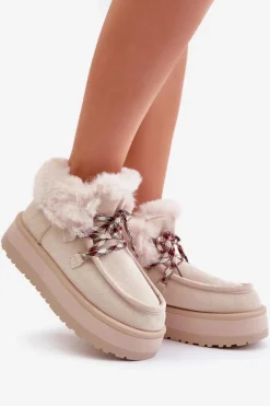 Damskie Boto Niskie Śniegowce Damskie Na Platformie Z Futerkiem Jasnobeżowe Neathren