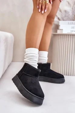 Damskie Evento Niskie Śniegowce Damskie Na Platformie Ocieplane Futerkiem Czarne Saldren