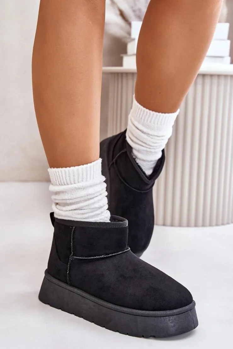 Damskie Evento Niskie Śniegowce Damskie Na Platformie Ocieplane Futerkiem Czarne Saldren