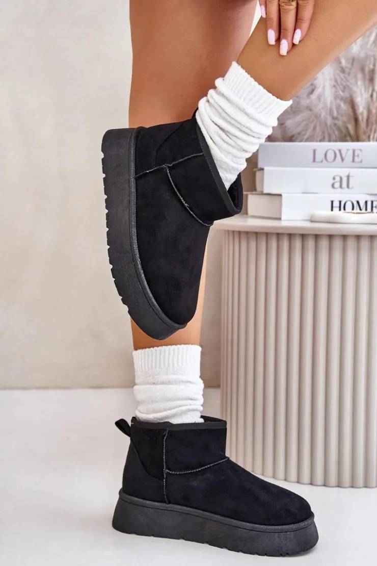 Damskie Evento Niskie Śniegowce Damskie Na Platformie Ocieplane Futerkiem Czarne Saldren