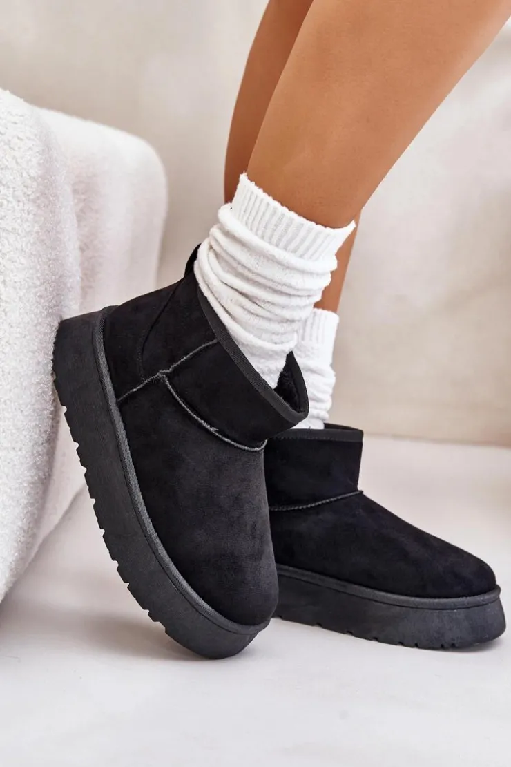 Damskie Evento Niskie Śniegowce Damskie Na Platformie Ocieplane Futerkiem Czarne Saldren