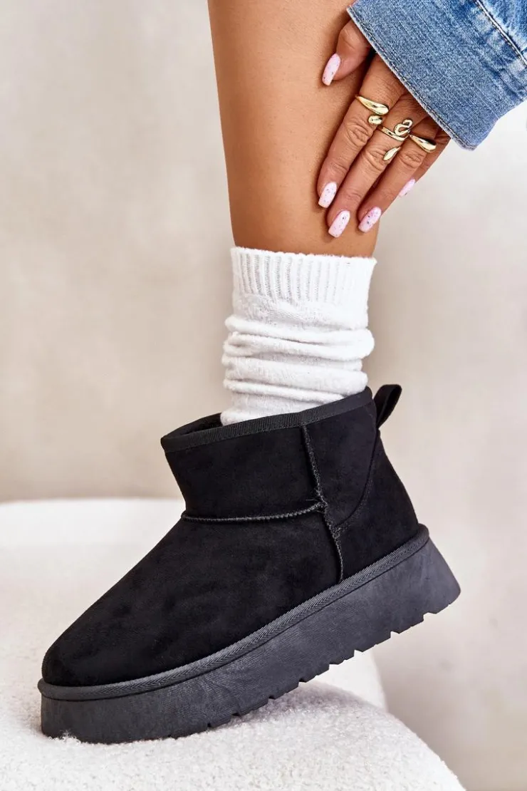 Damskie Evento Niskie Śniegowce Damskie Na Platformie Ocieplane Futerkiem Czarne Saldren