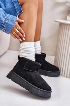 Damskie Evento Niskie Śniegowce Damskie Na Platformie Ocieplane Futerkiem Czarne Saldren