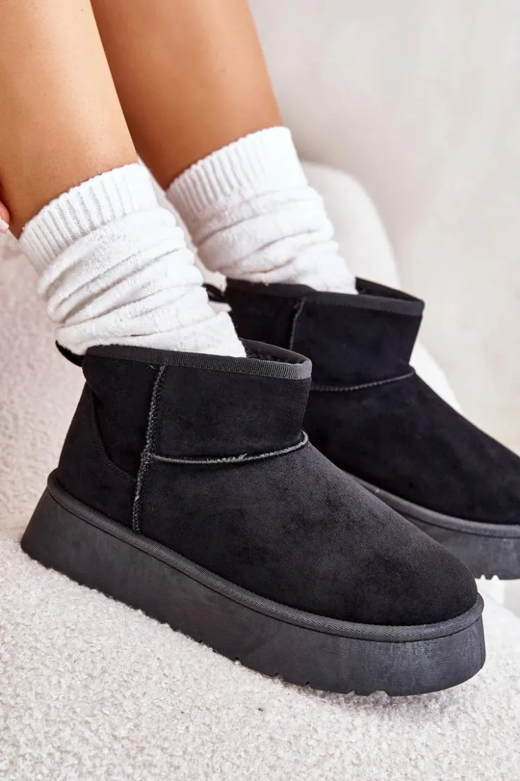 Damskie Evento Niskie Śniegowce Damskie Na Platformie Ocieplane Futerkiem Czarne Saldren