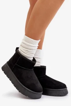 Damskie Evento Niskie Śniegowce Damskie Na Platformie Ocieplane Futerkiem Czarne Saldren