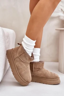 Clearance Evento Niskie Śniegowce Damskie Na Platformie Ocieplane Futerkiem Beżowe Saldren