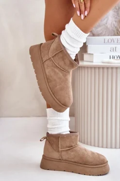 Clearance Evento Niskie Śniegowce Damskie Na Platformie Ocieplane Futerkiem Beżowe Saldren