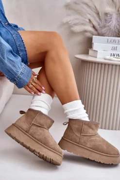 Clearance Evento Niskie Śniegowce Damskie Na Platformie Ocieplane Futerkiem Beżowe Saldren